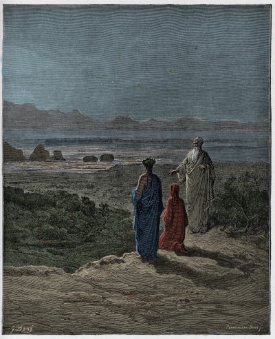 Purgatorio, Canto 1: Dante kneels before Statius (illustration from The Divine Comedy) by Gustave after Dore